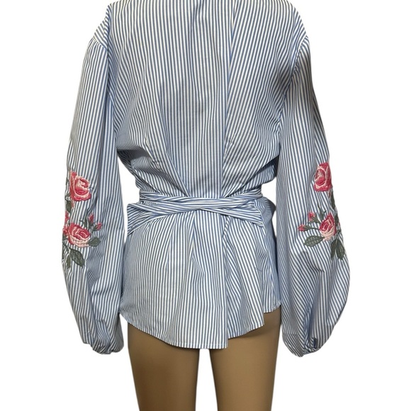 INC International Concepts Blue Striped Wrap Blouse with Pink Floral Sleeves - Picture 6 of 6